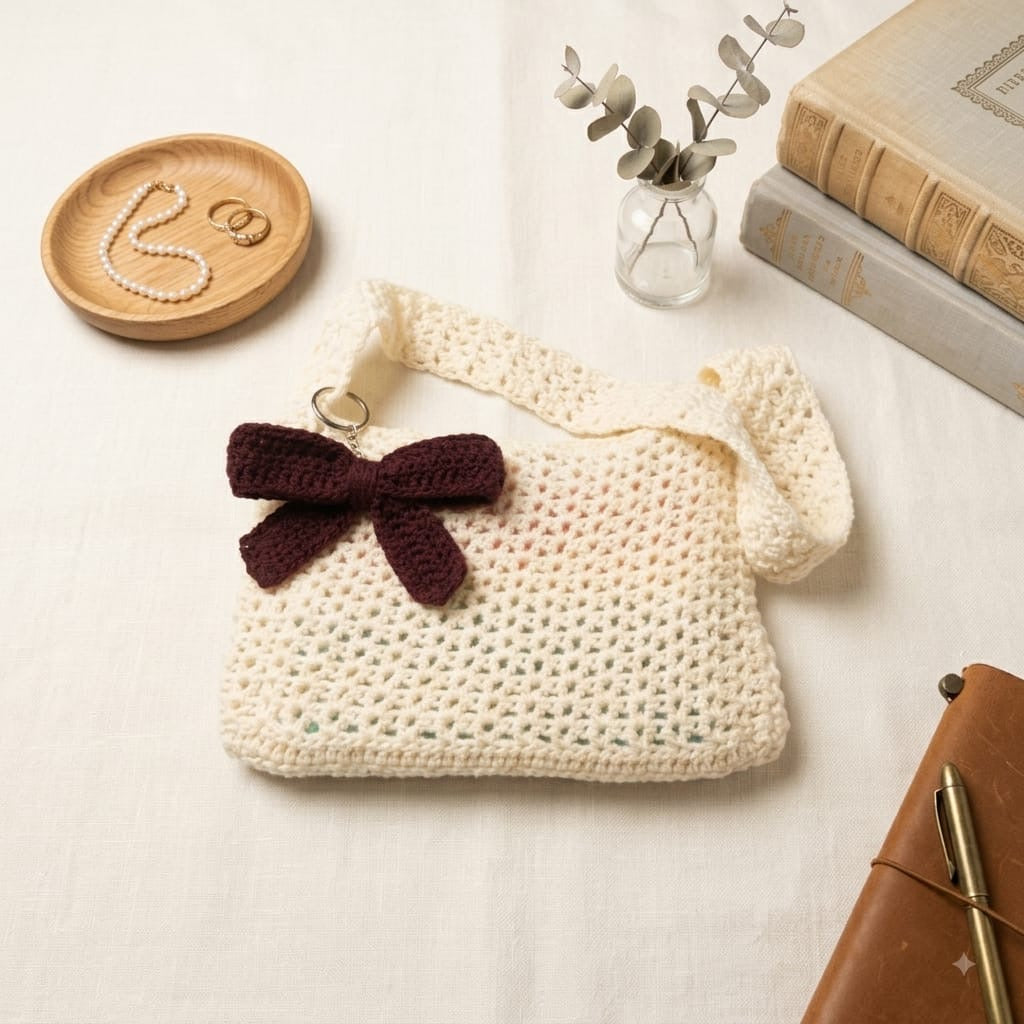 HandMade Beige Crochet Bag👜| With Complimentary HandMade Bow| Allow to Open Parcel