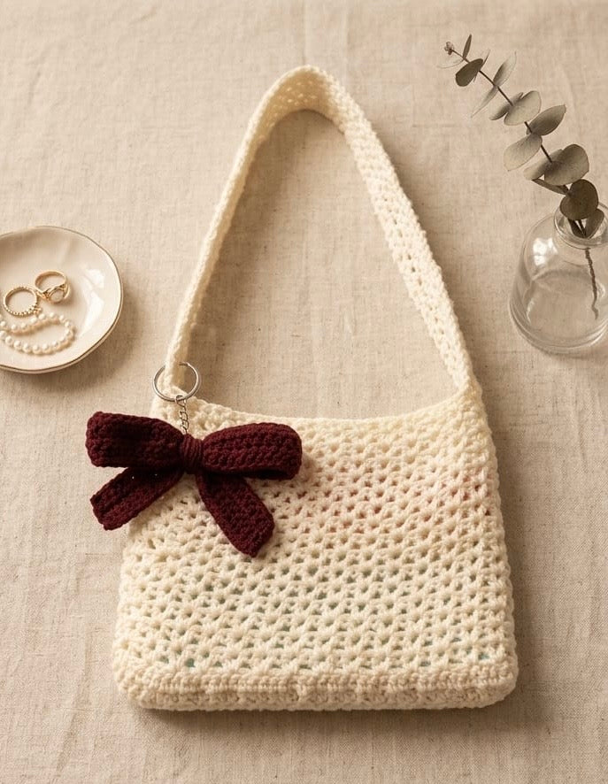 HandMade Beige Crochet Bag👜| With Complimentary HandMade Bow| Allow to Open Parcel