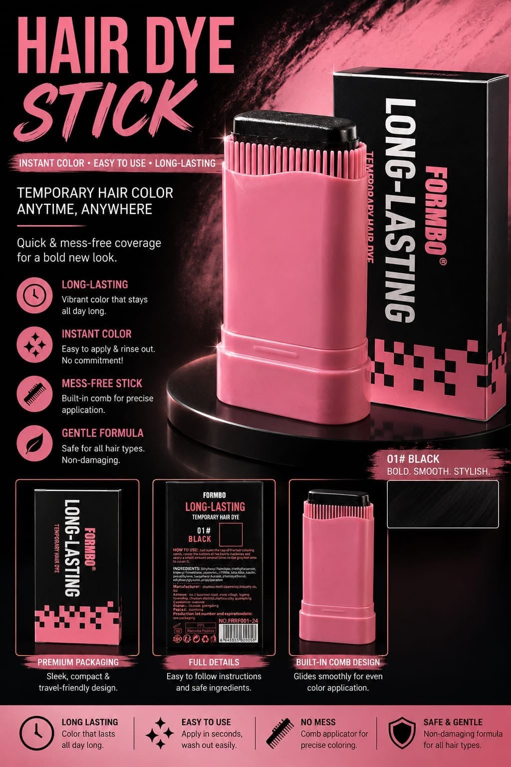 Instant Hair Dye Stick| Black & Brown | Long Lasting Colour