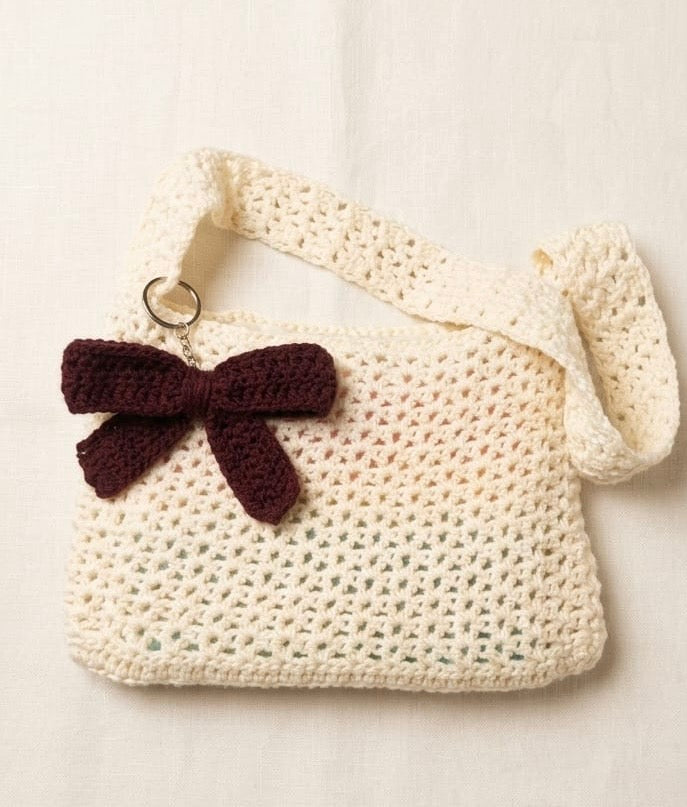 HandMade Beige Crochet Bag👜| With Complimentary HandMade Bow| Allow to Open Parcel