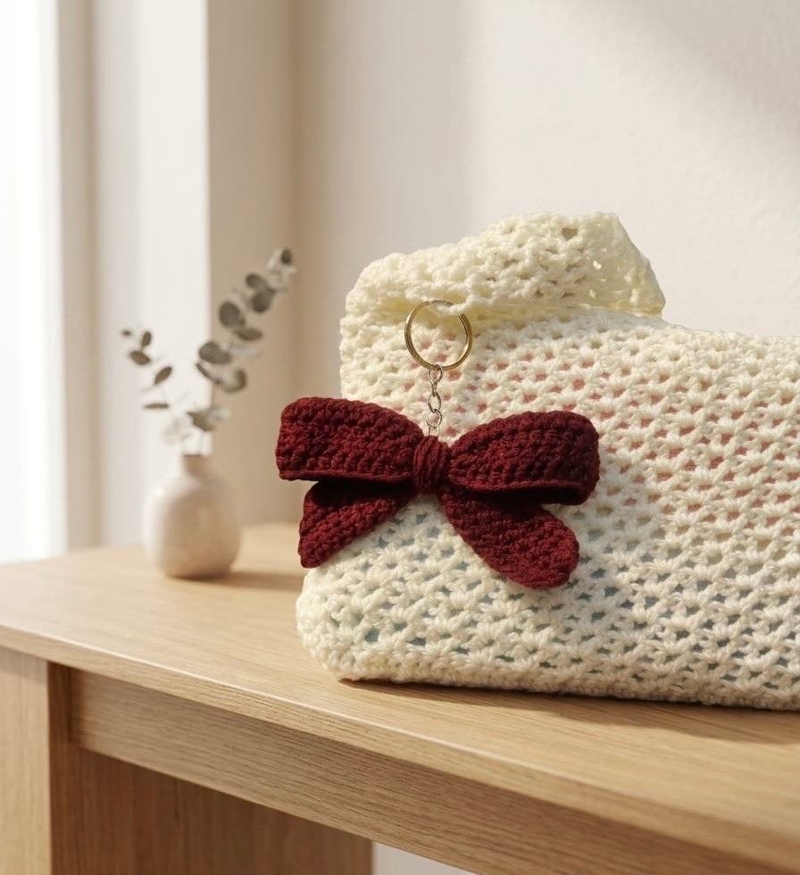 HandMade Beige Crochet Bag👜| With Complimentary HandMade Bow| Allow to Open Parcel